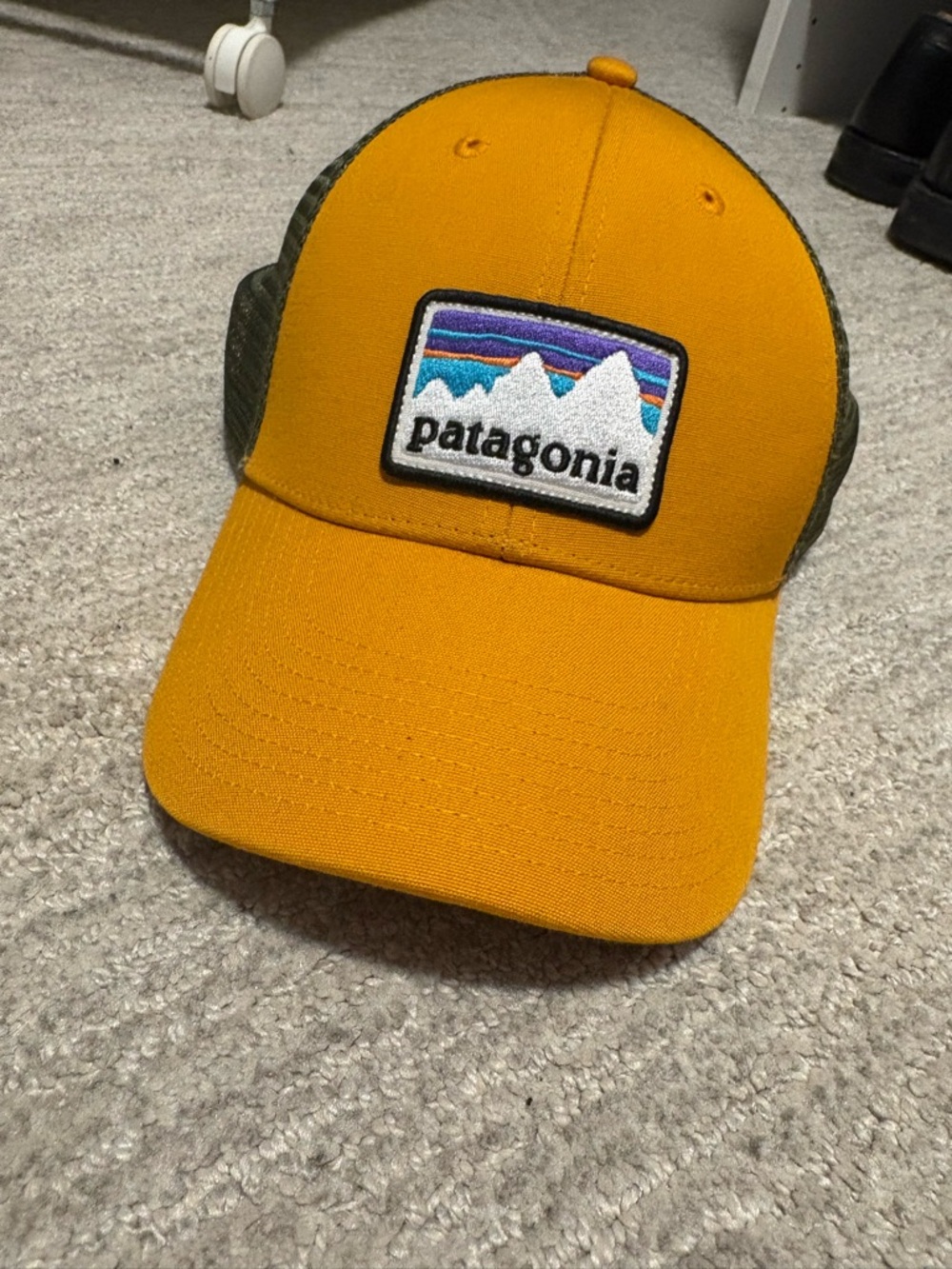 Patagonia Mustard Yellow and Olive Green Trucker Hat with Mountain Patch